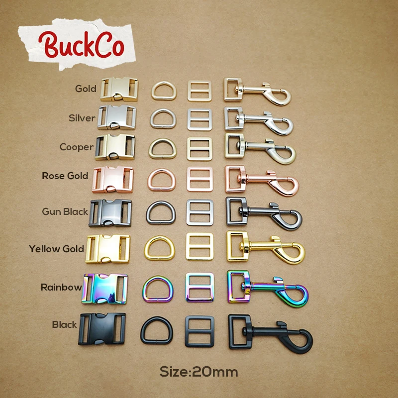 10pcs/lo(metal buckle+adjust buckle+D ring+metal dog clasp) for backpack dog collar DIY accessory 8 Colours 15mm to 30mm 4 sizes