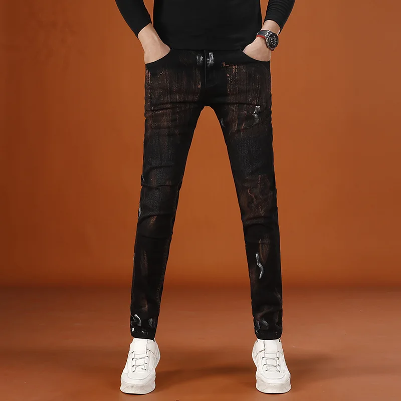 レトロヴィンテージプリントメンズパンツ2025秋新作トレンドストリートファッション伸縮性ジーンズメンズ