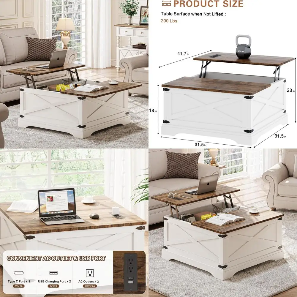 طاولة قهوة مربعة الشكل لغرفة المعيشة مع مساحة تخزين، طاولة طعام على طراز المزرعة مقاس كبير