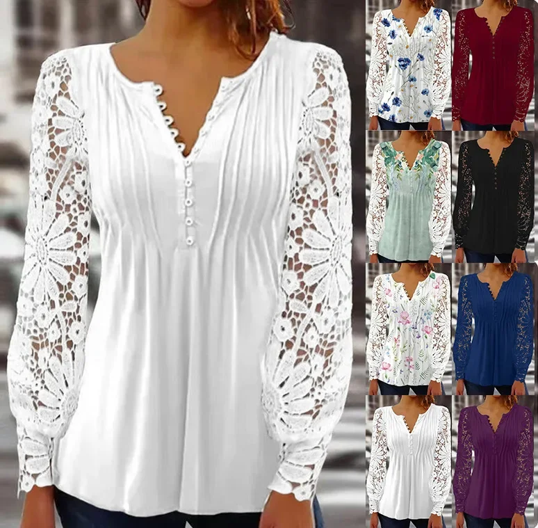 

Spring Autumn 2023 Fashion Elegant Sexy Hollow Lace Patchwork Long Sleeve Buttons T Shirts Women Casual Solid V Neck Tunic Tops