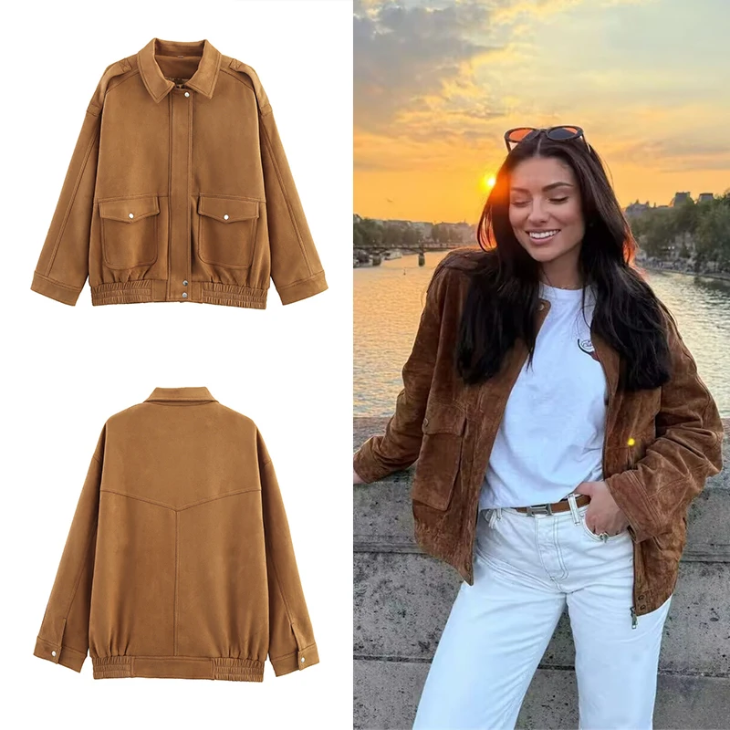 Guobioziy 2026 Fashion Women Collar Neck Bomber Jacket Snap Front Big Flap Pockets Loose Fit Casual Urban Daily Chic Outer Coat