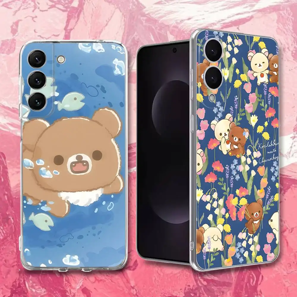 R-RilakkumaS 귀여운 곰 전화 케이스 삼성 S30,23,21,22,20, FE,Lite,S10,9,8,7 PIus Note20ultra 투명 소프트