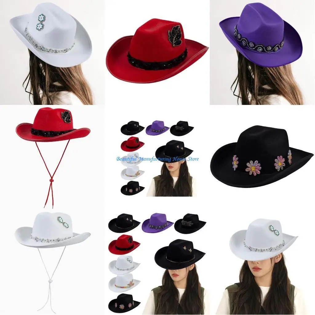 

E56A Rhinestones Top Hat for Female Glittering Butterfly Sequined Cowgirl Hat Fashion Music Festival Hat for Cosplay Party