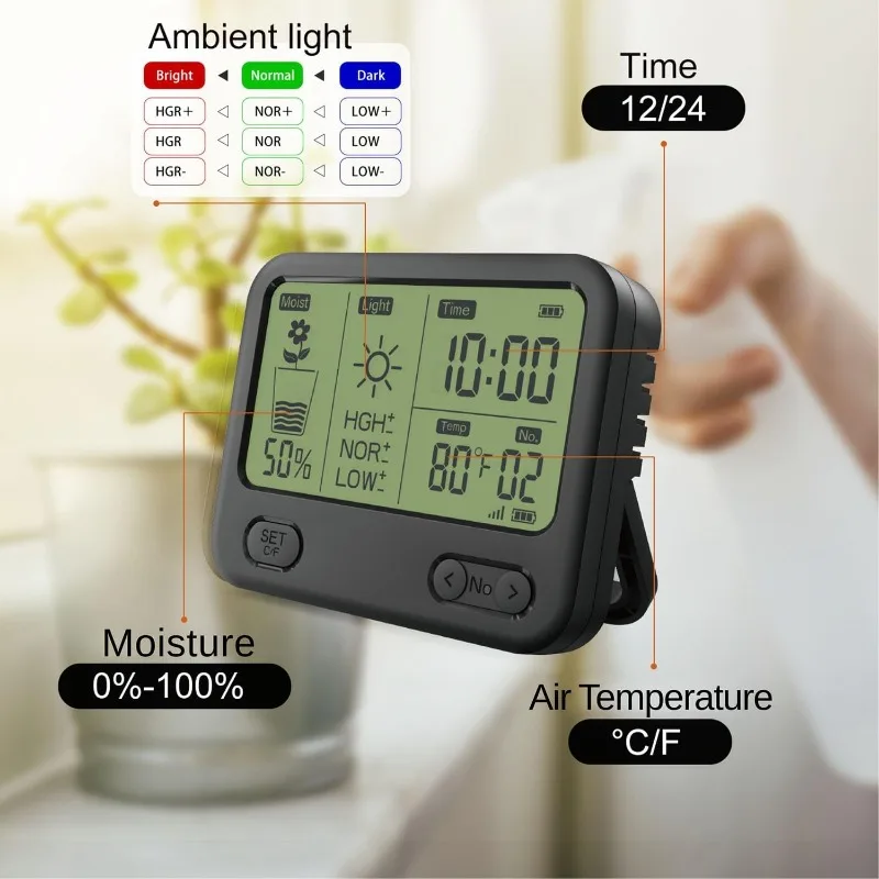 Medidor de humedad del suelo para plantas, 4 en 1, probador de humedad/temperatura/luz solar/Tiempo, Sensor Digital, medidor de agua para