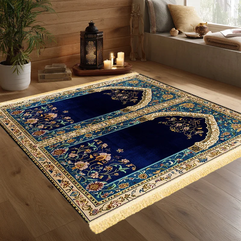 VIKAMA Blue Gold Luxury Artistic Prayer Mat Foldable and Portable Suitable for Muslim Pilgrimage Activities Indoor and Outdoor D