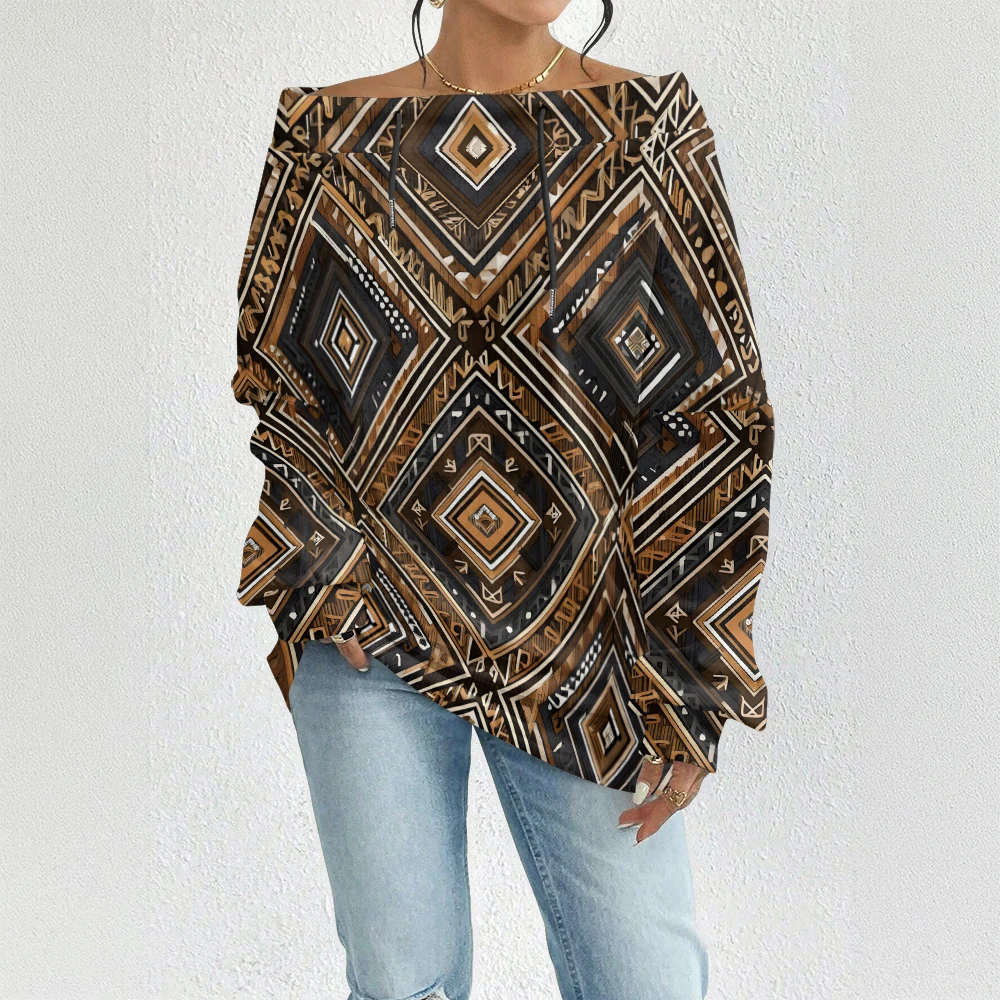 

Женская сексуальная толстовка с открытыми плечами, пуловер с этническим геометрическим узором, свободная посадка, уличная одежда в стиле бохо, модный этнический геометрический дизайн