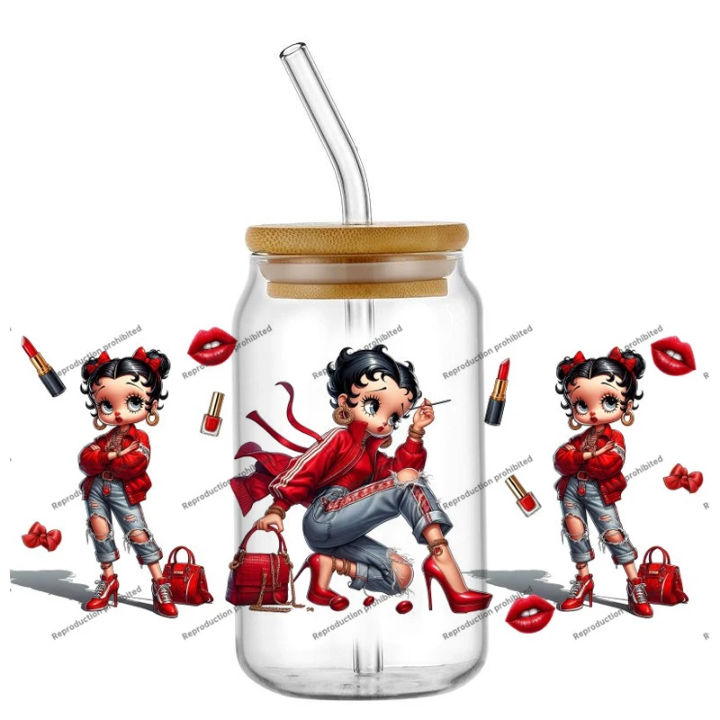 Modern Fashion Girl Themed 3D Waterproof Libbey Glass Can Decal Red Aesthetic Cartoon UV DTF Cup Transfer Sticker DIY Wrap Decal view 4