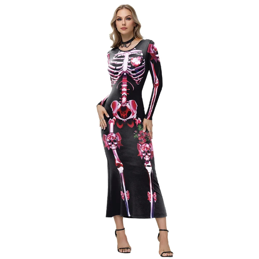 

Women Halloween Skeleton Skull Flowers Ghost Digital Printing Long Sleeve Dress Adult Festival Party Role Playing Outfit