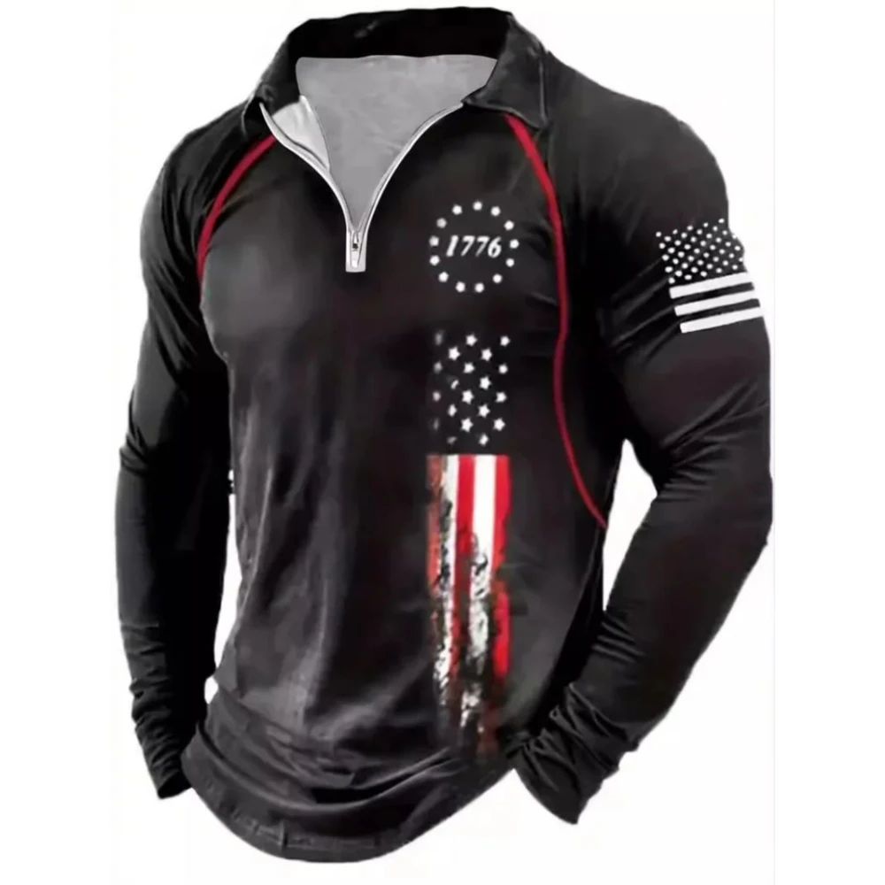 Men's Half Zip Long Sleeve Sweatshirts Fashion American Flag Print Top Casual Stand Collar Loose Pullover Autumn Vintage Clothes