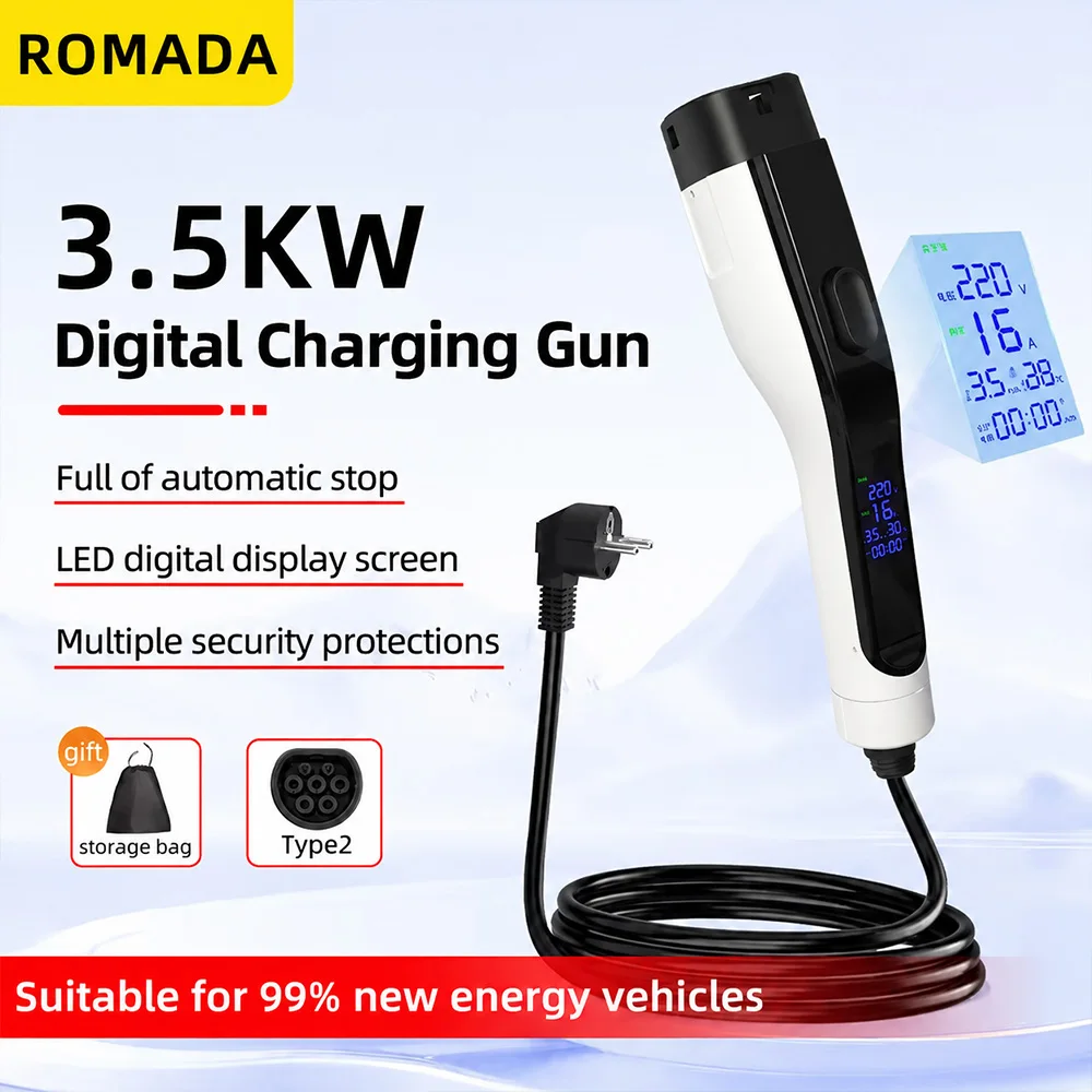 ROMADA NEW 3.5KW 16A Portable EV Charger IP66 Wallbox With Display Screen 3M-10M Cable IEC62196 TYPE2 EU Plug Fast Charging
