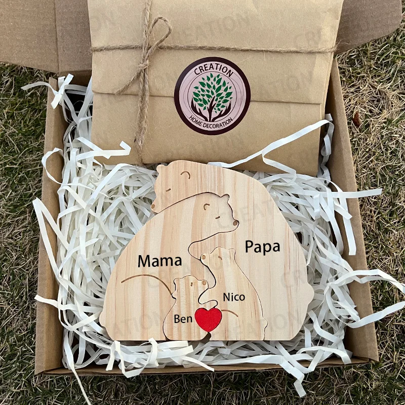 Custom Name Bear Puzzle Art Ornament Free Engraving Family Theme Father, Mother\'s Day Gift Home Decoration Custom Souvenir
