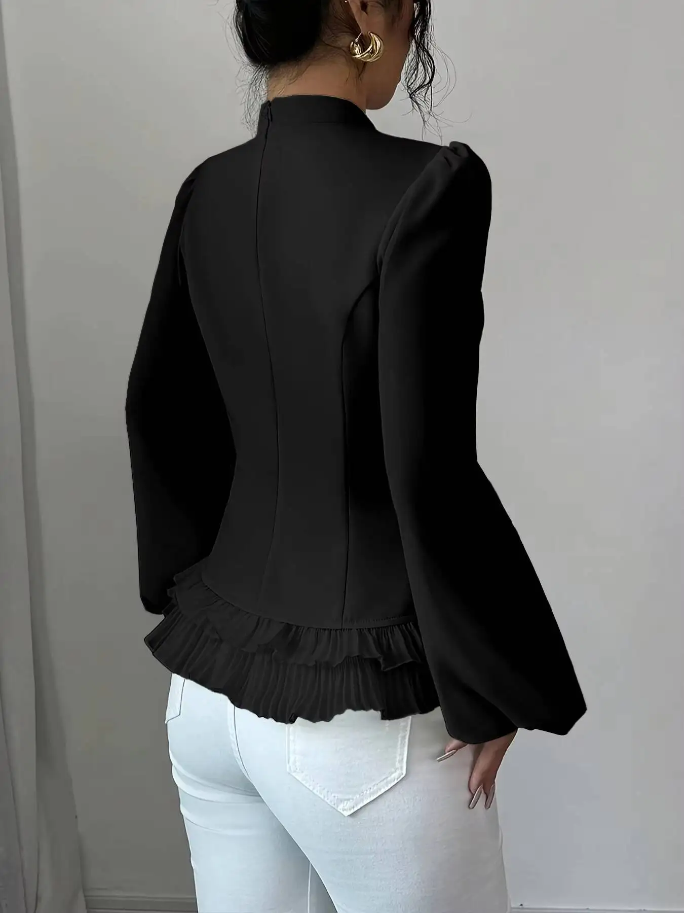 

Women's Mandarin Collar Ruffle Trim Blouse Woven Fitted Top Elegant Blouse 2026 Spring Summer Chic Blouse Daily Lightweight Top