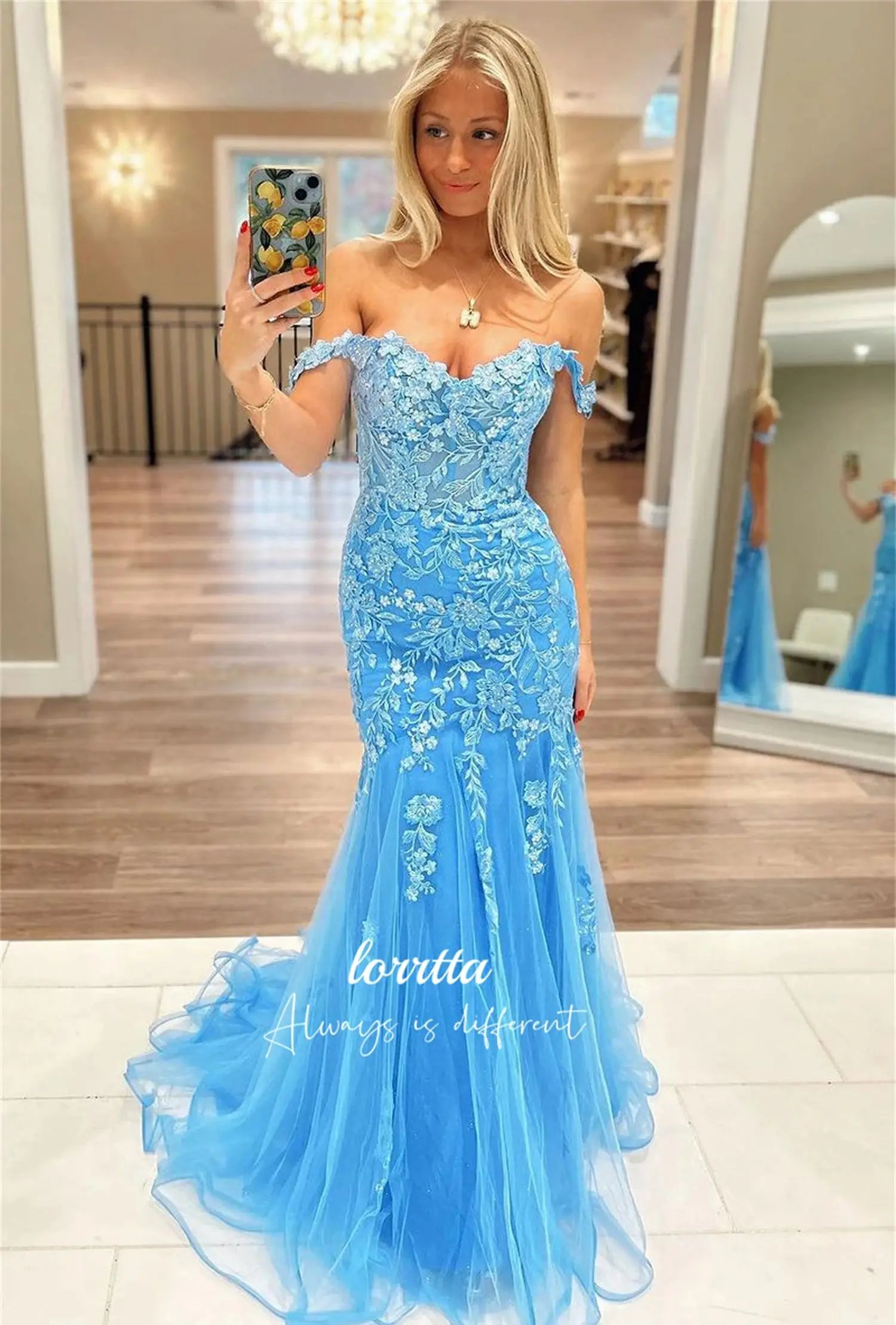 Lorrtta Graduation Gown Ball Appliqué Fabric Mermaid Blue Mesh Elegant Party Dress for Women Luxury Evening Dresses 2024 Wedding