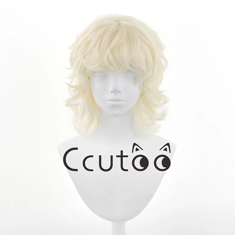 Men Short Curly Blonde Beige Wig with Bangs Fluffy Cosplay Wigs Synthetic Hair Heat Resistant Wig for Daily Halloween Party Play