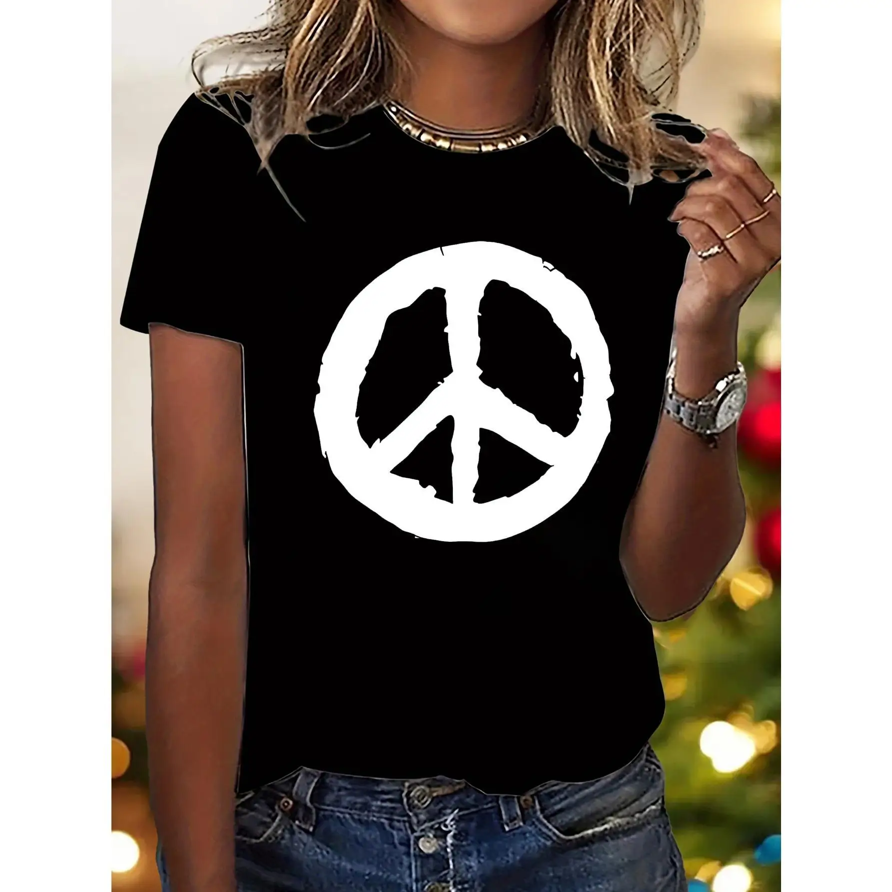 

Women'S Y2K Hippie Peace Sign Graphic Tee - Casual Crew Neck Short Sleeve T-Shirt, S-XXL, Soft Polyester Blend, Medium Stretch,
