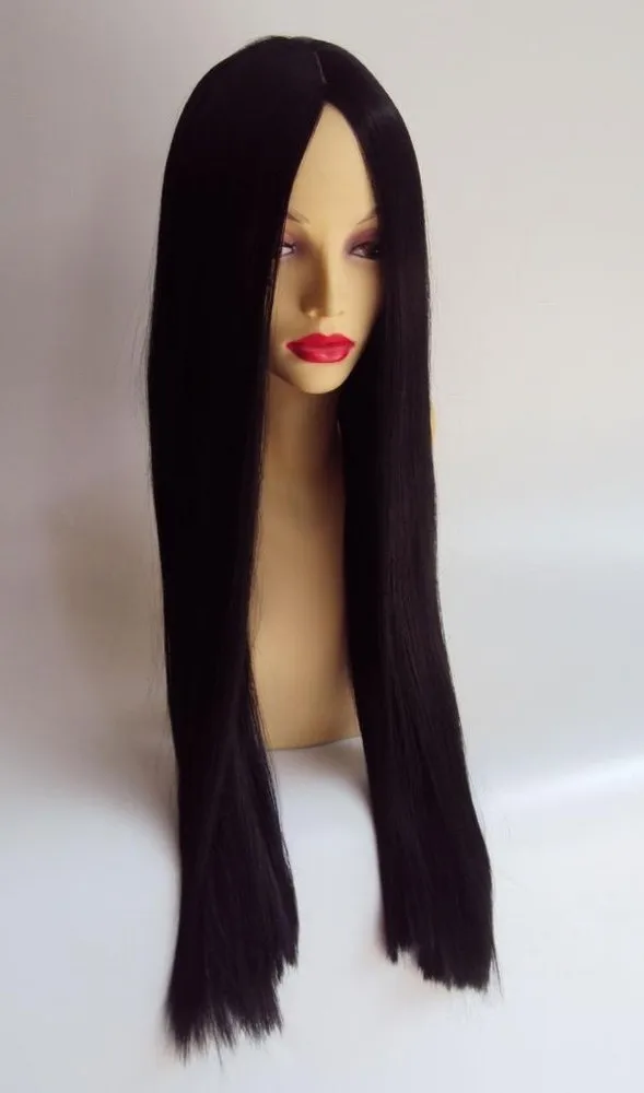 DELUXE MORTICIA ADDAMS ครอบครัวยาวสีดําตรงฮาโลวีนเครื่องแต่งกายวิกผม GOTHIC