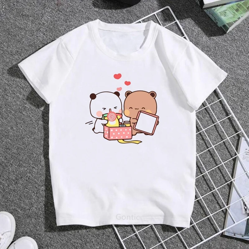 Nette Cartoon Pfirsich Und Goma Mochi Katze Paar Panda Bär Druck Baby Kleinkind Kinder T-shirt Kinder Lustige Tops T-shirt Weiß