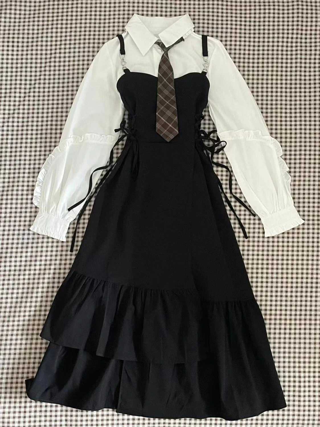 เดรสลายสก๊อตสไตล์ฝรั่งเศสแบบย้อนยุค ดีไซน์สองชิ้นหลอกตา สำหรับผู้หญิง แฟชั่นลำลองสไตล์เกาหลีญี่ปุ่น กระโปรงยาว