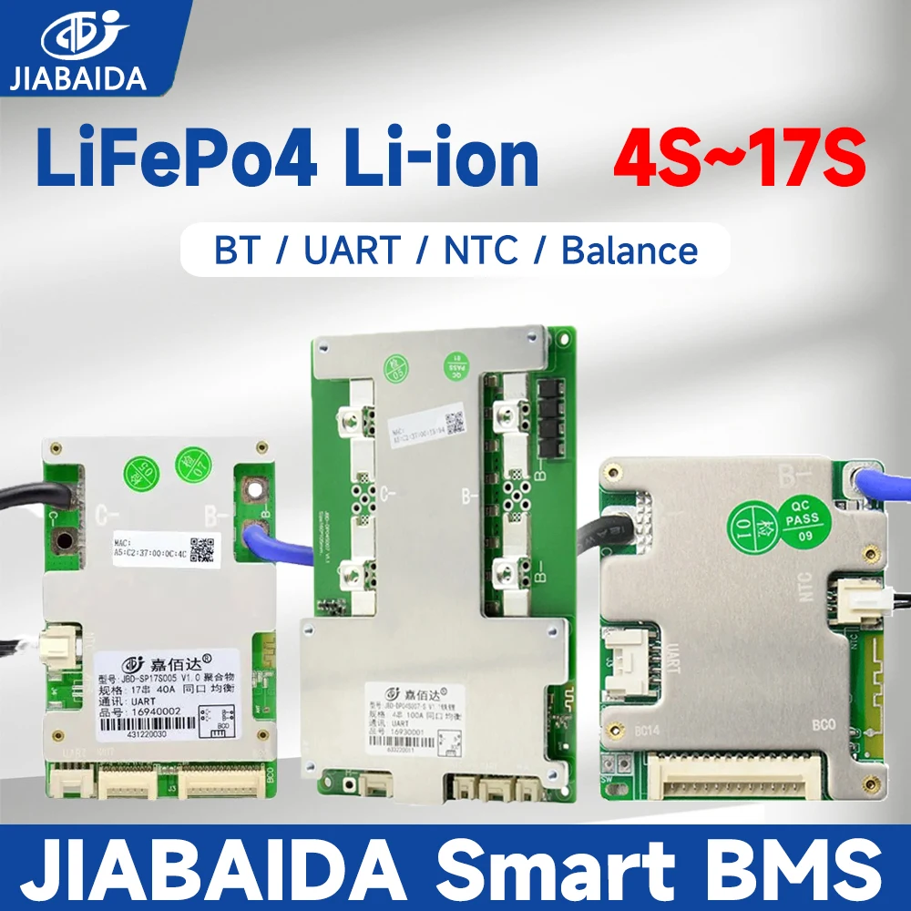 

JBD BMS LiFePo4 Li-ion 4S 7S 8S 10S 13S 16S 17S Battery 40A 50A 100A 150A 200A Charge Current Smart BT UART Balance JIABAIDA BMS