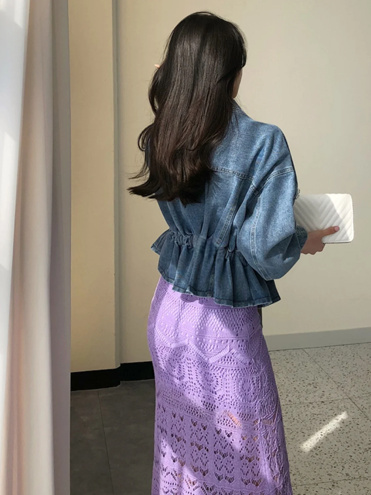 워싱 헤비 엠블리쉬 데님 재킷 여성 루즈 주름 탄성 허리 슬리밍 숏 트렌디 탑 코튼 청자켓 아우터