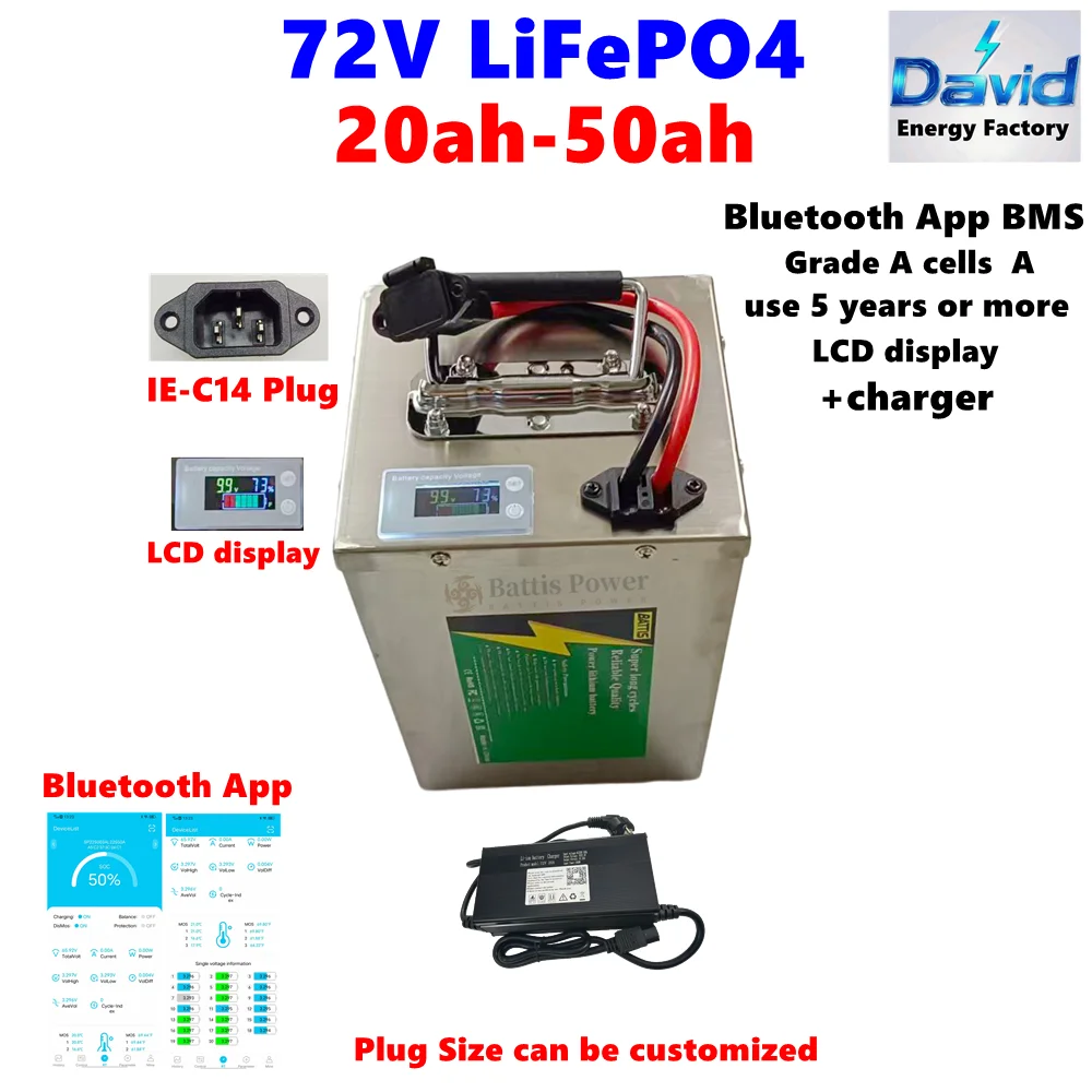72V 20ah 30ah 40ah 50ah Bluetooth App BMS LiFePO4 Battery Grade A cells used for 5 years or more for scooters, electric vehicles