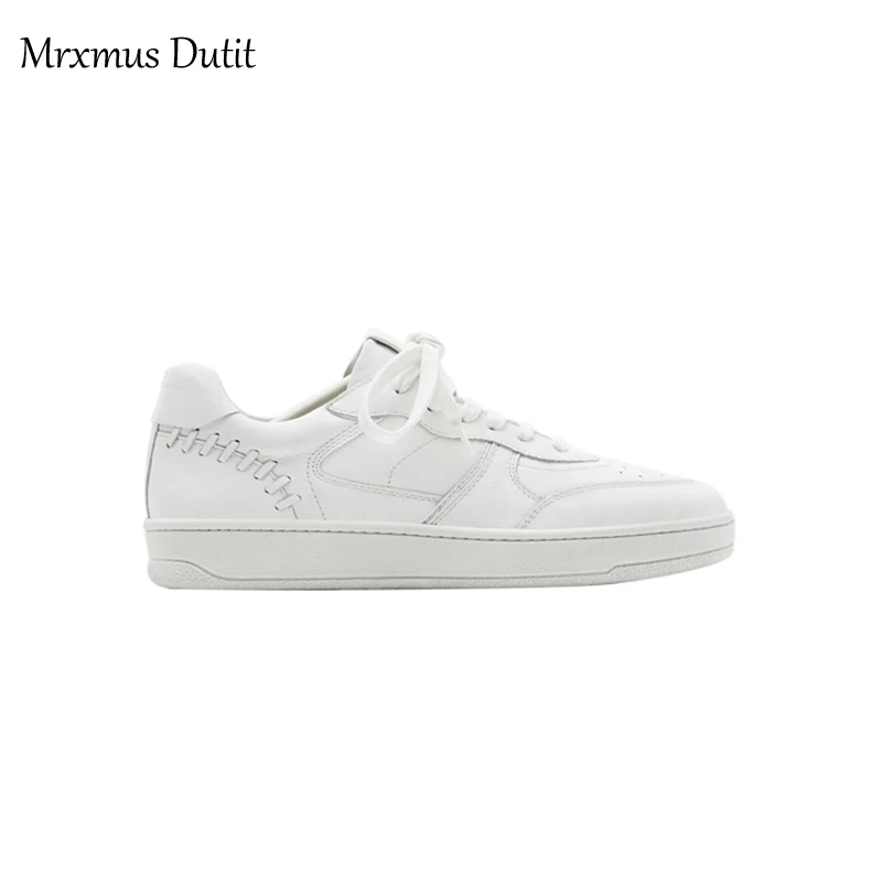 Mrxmus Dutit 2023 New Women Fashion Genuine Leather Flat Round Neck Lacing Shoes Simple Solid All-match Casual Sneaker Female