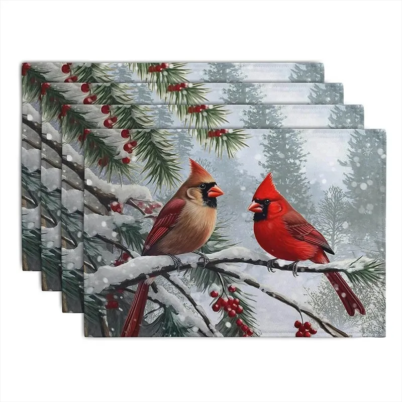 VIKAMA Linen Placemats Red Cardinal Bird Snowy Pine Tree, Stain Resistant Easy to Clean, Dining Table Holiday Decor