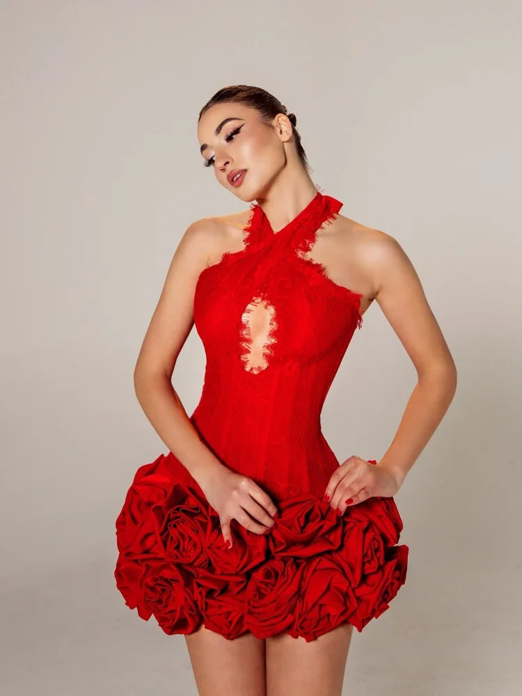 เซ็กซี่สีแดง Rose คริสต์มาสชุด-ลูกไม้ Halter คอมินิเดรสค็อกเทลชุดเข้ารูปปาร์ตี้ผ้าพันคอไนท์คลับชุด Vestidos