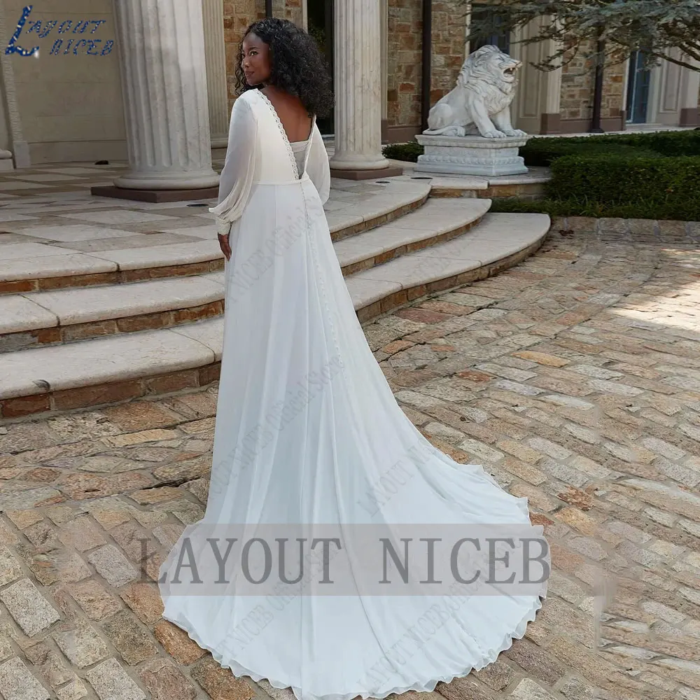 LAYOUT NICEB O-hals chiffon A-lijn bruidsjurken Plus size volledige pofmouwen trouwjurken zonder rugleuning vestido de noiva casamentoLAYOUT NICEB O-hals chiffon A-lijn bruidsjurken Plus size volledige pofmouwen trouwj