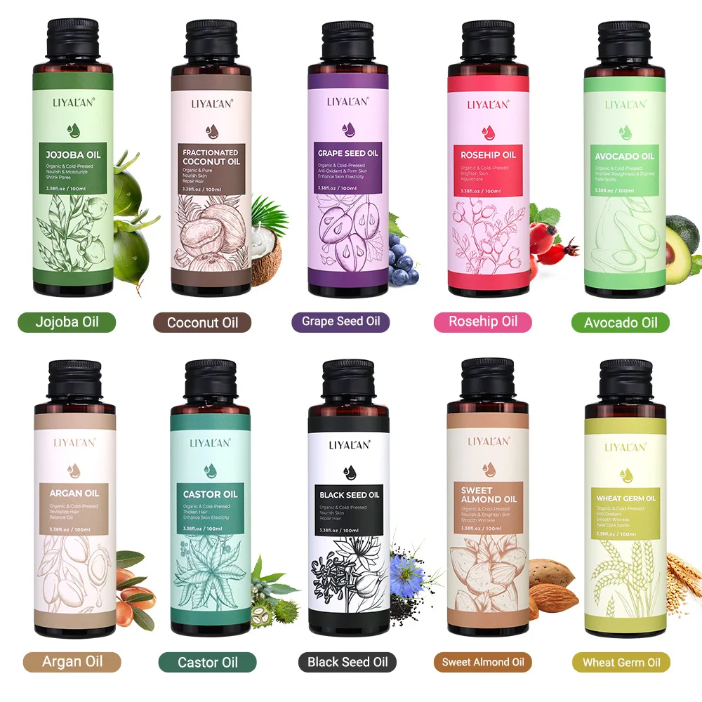 新しいココナッツマッサージオイル、ホホバヘアマッサージケアオイル、アーモンド、グレープ、ローズヒップ、アボカド、キャリアオイル、ブラックシード、小麦胚芽、ボディスキンケア