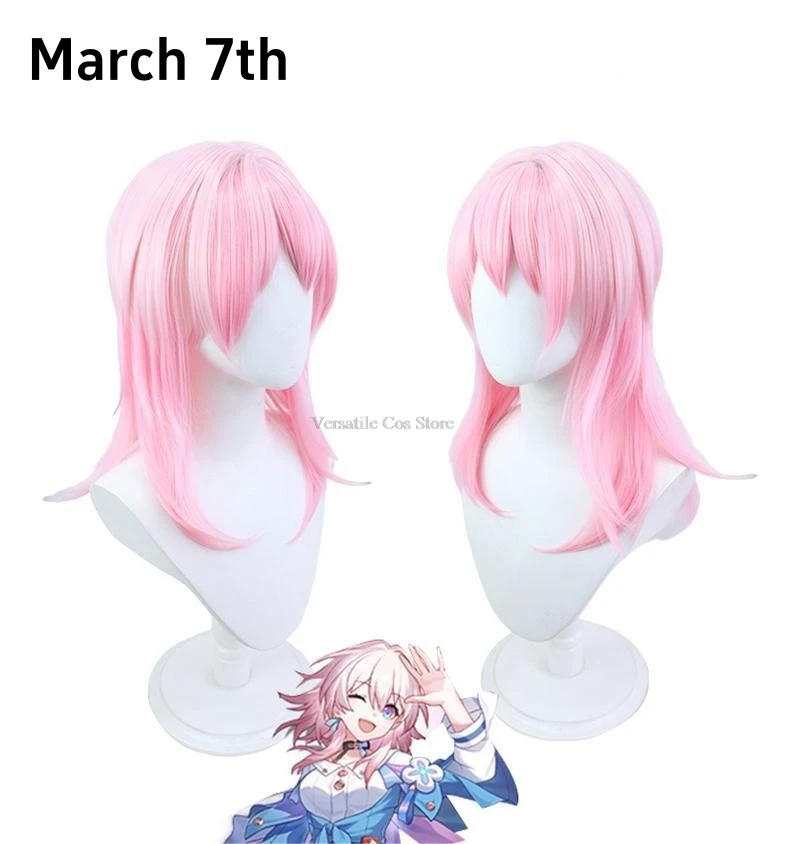 March 7th Cosplay Wig Game Honkai Star Rail Pink Gradient Bow Hair Astral Express Heat-resistant Fiber Hair Free Wig Cap Girls