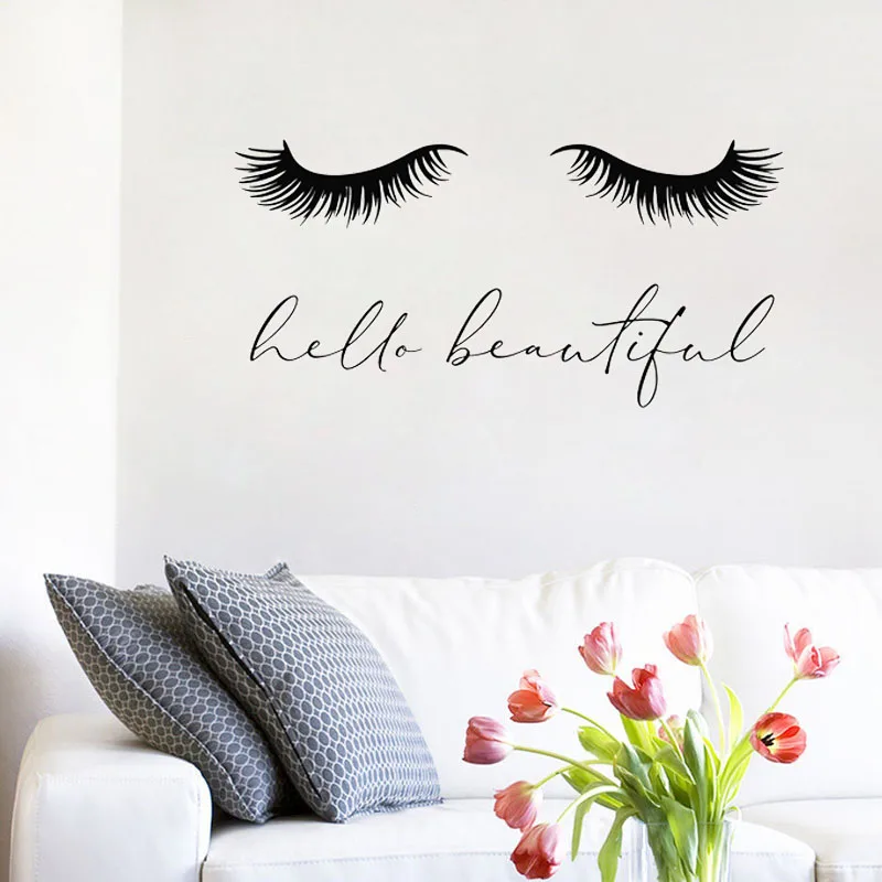 Hello Beautiful Lettering Wall Decals Closed Girl Eyes Eyelash Extensions Wall Stickers Salon Wall Window Decoration Art Murals