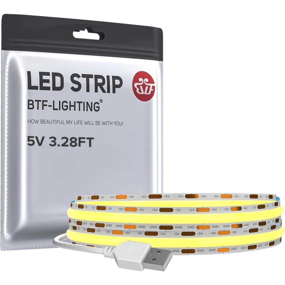 BTF-LIGHTING FCOB USB alimentado blanco cálido 2700K COB tira de luces LED 3,28 pies 320LEDs 5V 8mm de ancho 90 + alta CRI Ultra brillante Flexib