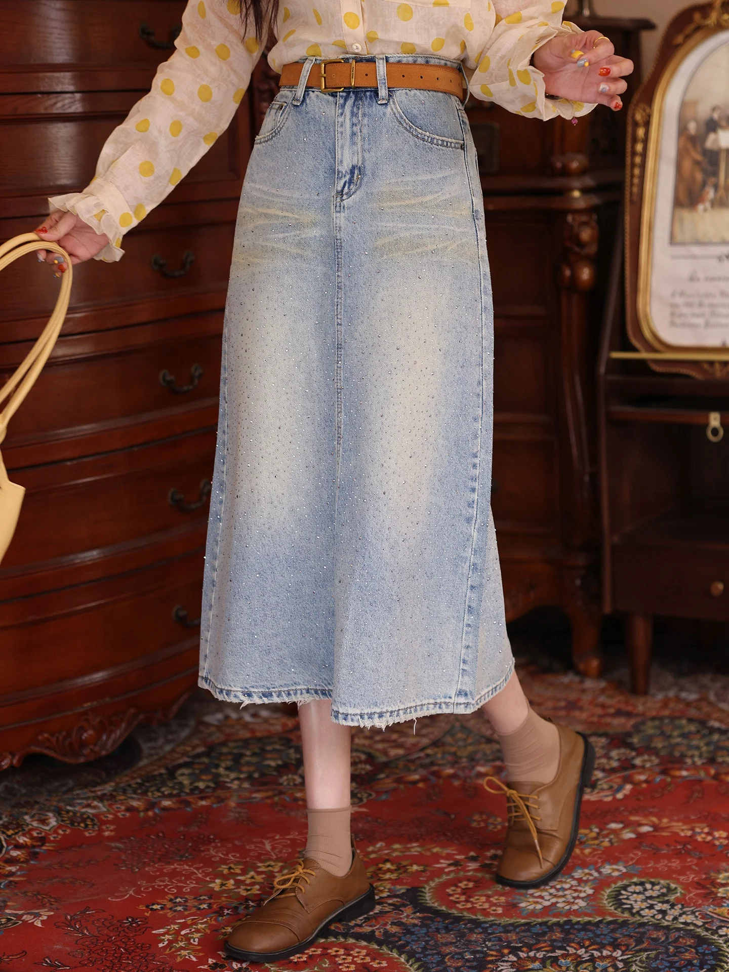 

Джинсовая юбка Chendi Spring с высокой талией, женская, модная, с бриллиантовой отделкой, А-силуэт, винтажная, из смесового хлопка