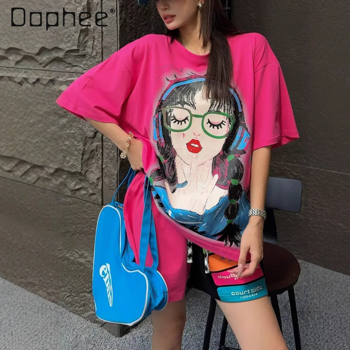 

European Goods Large Version Suit Cartoon Short-sleeved T-shirt Shorts Women's 2025 New Loose Fashion Trendy Two-piece Sets