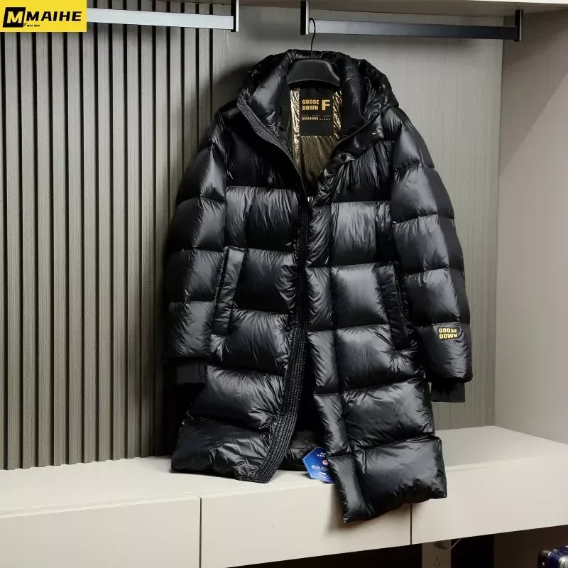 Casaco longo à prova de frio masculino, 90% jaqueta Goose Down, casaco com capuz quente, unissex, leve, luxo, preto, dourado,-30 ℃, inverno