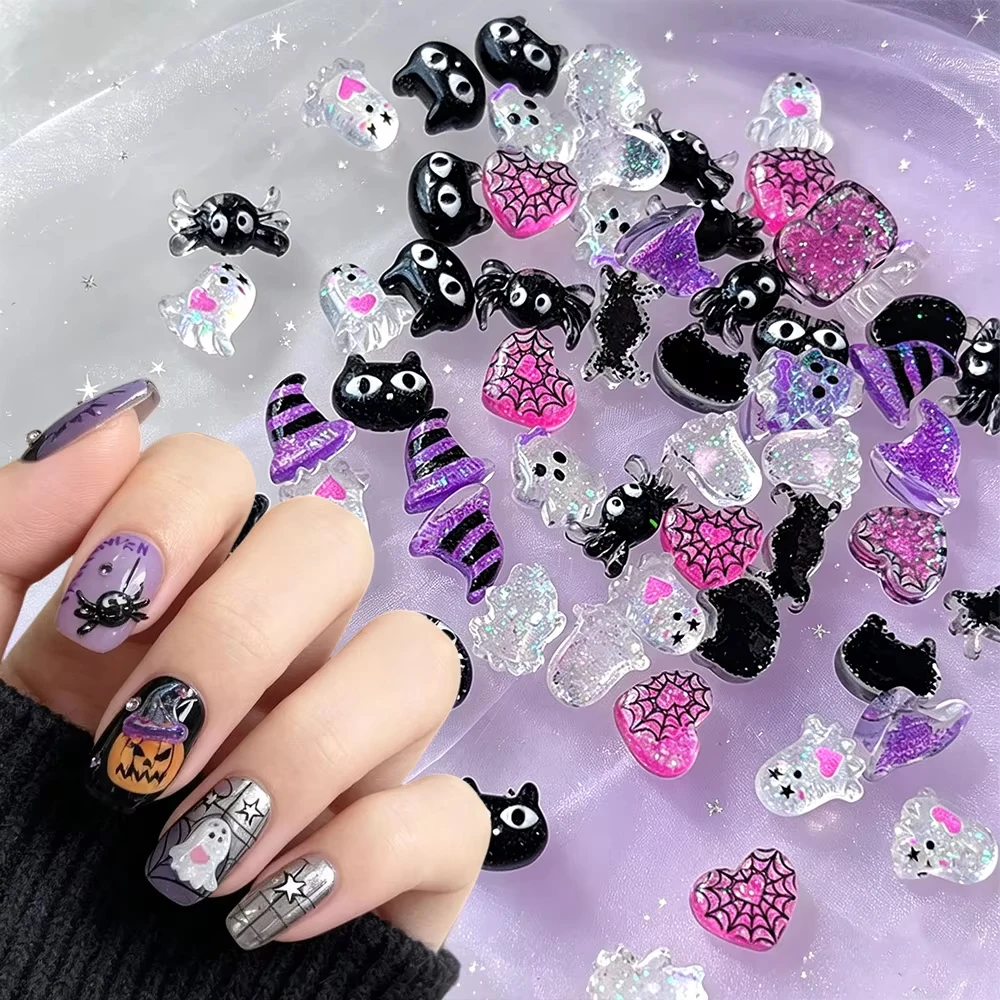 20pcs Mixed Random Halloween Ghost Nail Charms 3D Cute Glitter Transparent Ghost Heart Witch Hat Spider Nail Art Accessories