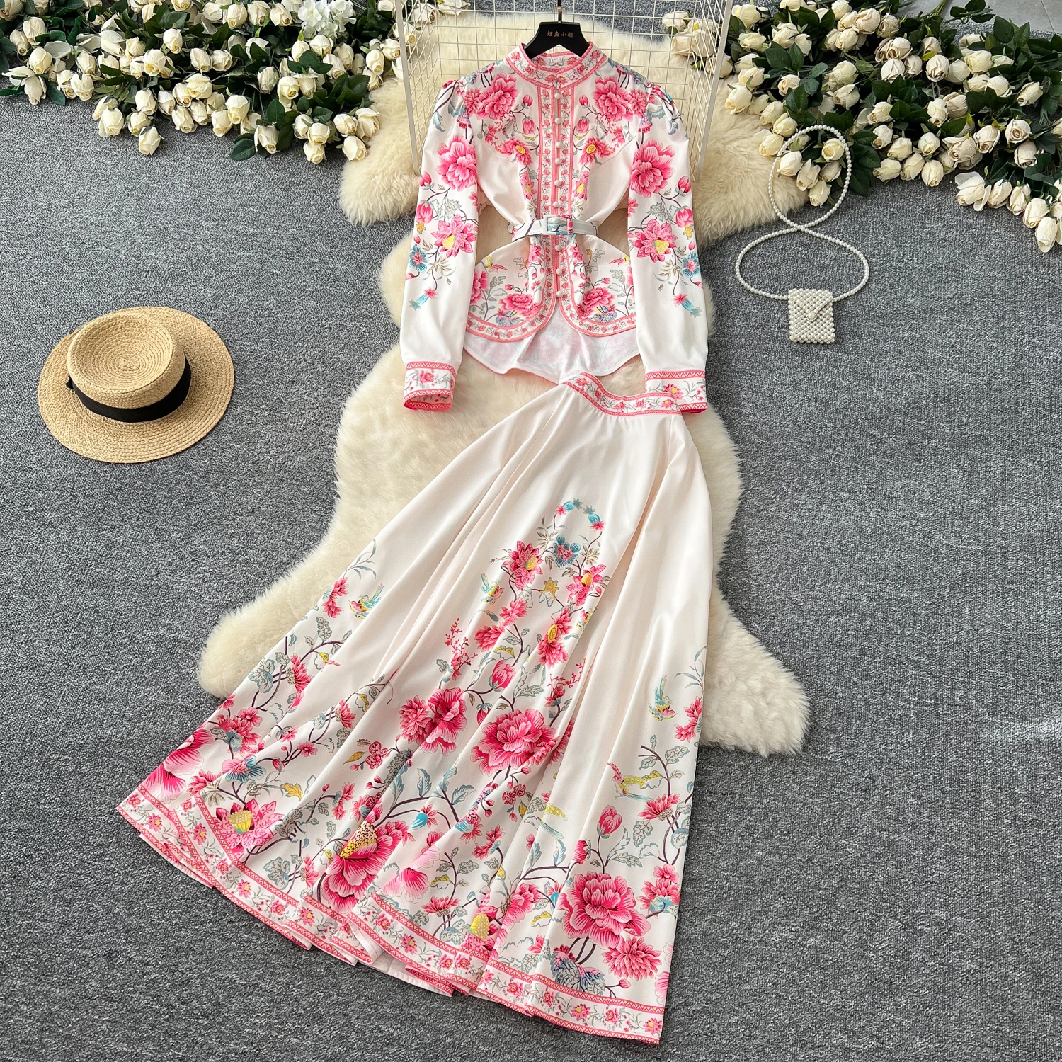 

Fashion Print Irregular Top Skirt Suits Women Long Sleeve Gorgeous Flower Belt Blouses High Waisted Pleated Skirts Set Outfits