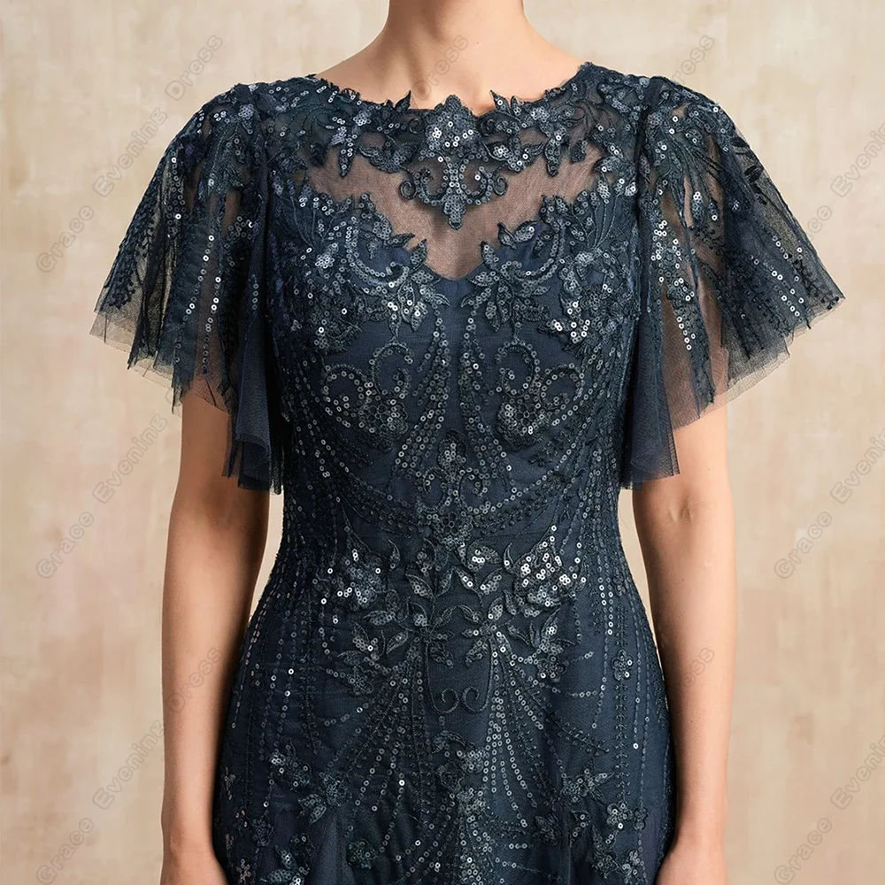 Dresses with Lace 2024 Elegant Navy Blue  Mother of Bride Dresses for Women Short Sleeve Beach Soft Tulle Wedding Party Robe De