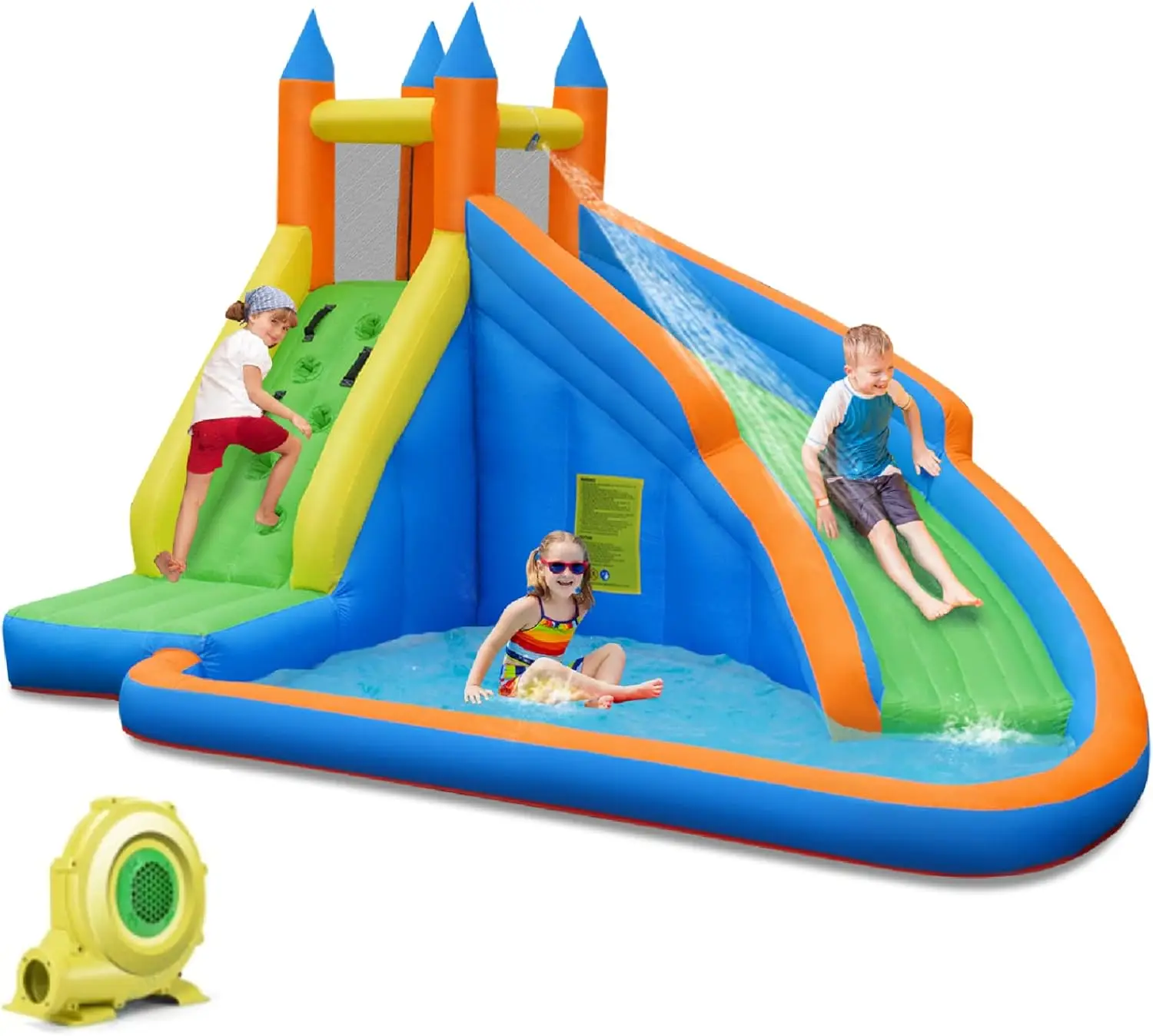 Parque Acuático Inflable Gigante con Castillo Hinchable, Pared de Escalada y Piscina, Tobogán Acuático Inflable para Niños y Adultos, Incluye Soplador de 950W para Diversión en el Patio Trasero