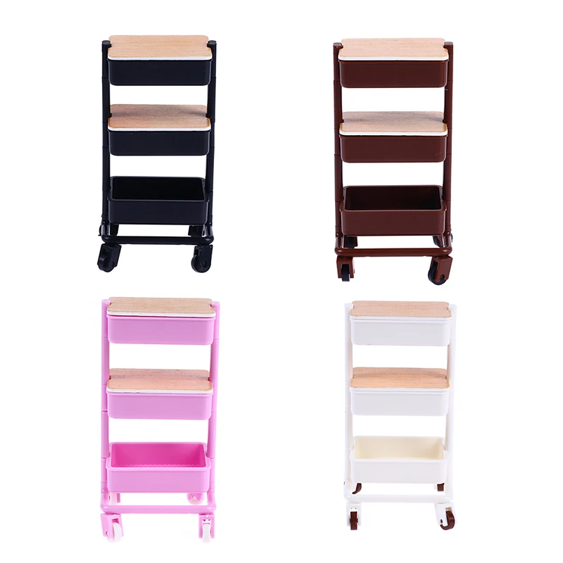 Hot 1Set 1:12  Dollhouse Miniature Trolley Dining Cart with Wheels Storage Display Shelf Bookshelf Furniture Model Decor Toy