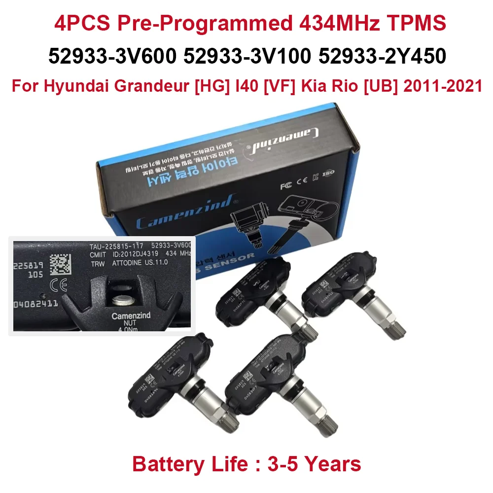 4 capteurs de pression des pneus TPMS 52933-3V600 52933-3V100 52933-2Y450 529333V600 529333V100 529332Y450 pour Hyundai Grandeur [HG] I40 [VF] Kia Rio [UB] 2011-2021 434MHz 529333 V600 52933 3V100