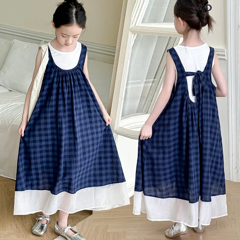 Girls Dress Summer 2024 New Senior Summer Super Good-looking Girls Children High-end Slip Skirt Clothes Korean Simple Style