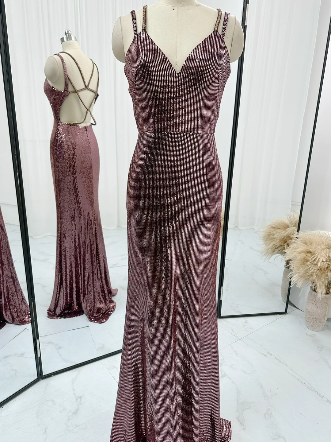 Purple -Red Suspender Sequin Mermaid Long Skirt Light Luxury High -End Evening Dress M1251