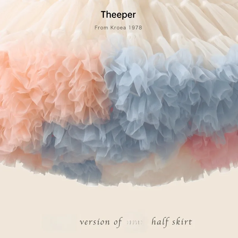 Theeper Candy Color Tutu Skirt Fluffy Tulle Pettiskirt Cheerleading Stage Outfit Gown Birthday Party Layered Mesh Dress Attire