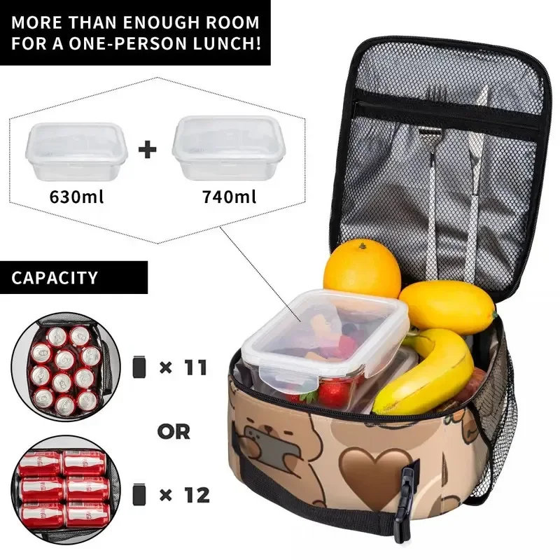 Cute Capybara Print Lunch Bag with Capybara Face & Heart Cutouts - Durable Oxford Fabric Food-Safe Insulated Lunch Box & Cooler