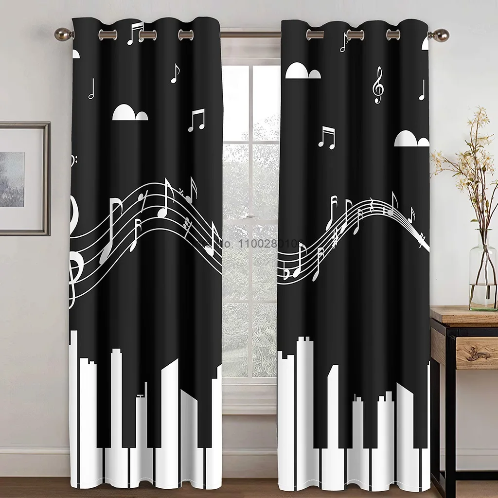 Music Piano Key Modern Black White Thick 80% Shading Polyester Sunshade Window Curtain for Bedroom Living Room Hook Rings Top