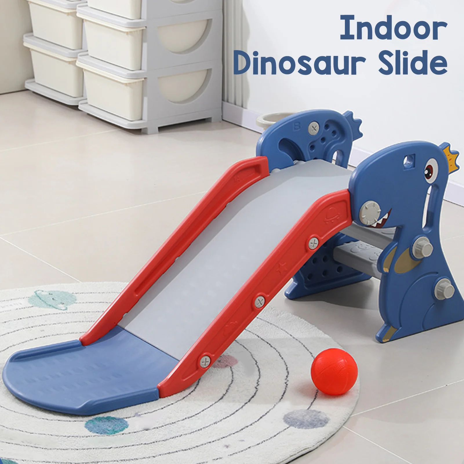 

Toddler Indoor Slide for 0 To 3 Years Old Easy Assembly Dinosaur Shape Foldable Slide with Basketball Hoop Stairs