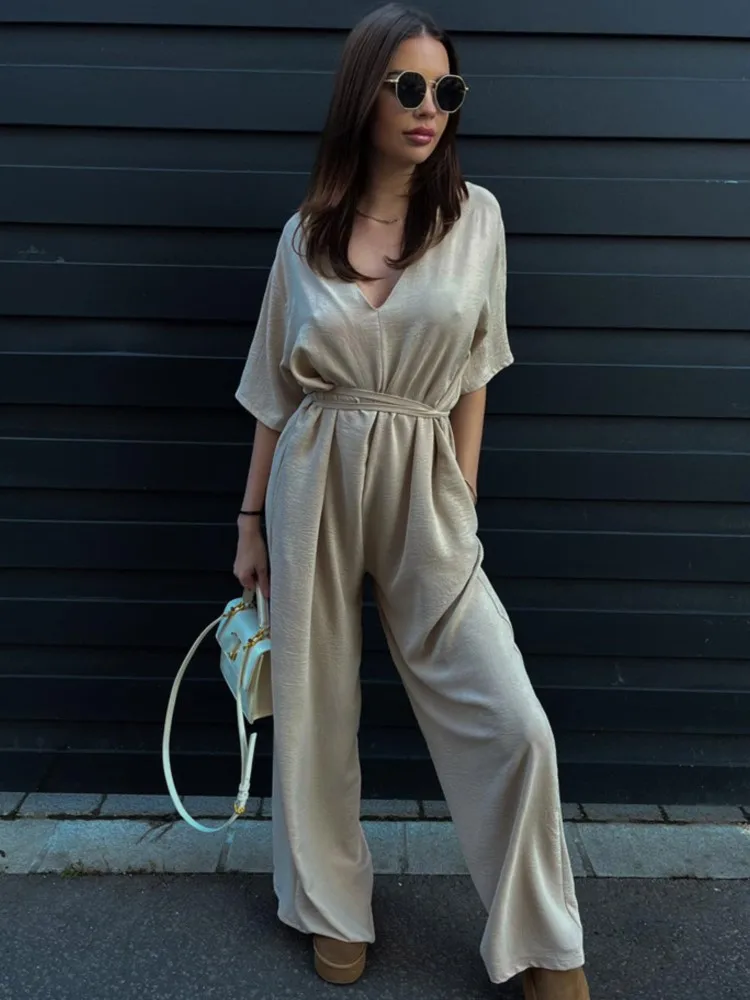 Elegant Lace-up Loose Jumpsuit Women 2024 Summer Autumn V-neck Half Sleeve Wide Leg Jumpsuits Office Solid Temperment Trousers