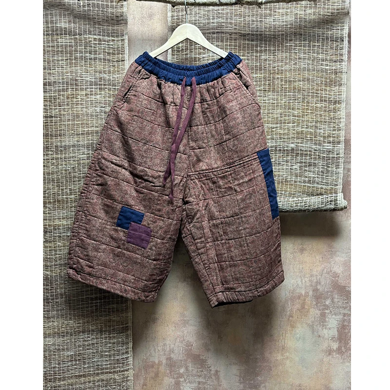 

Новое поступление, зимние женские теплые утолщенные винтажные брюки длиной до икры, повседневные свободные хлопковые лоскутные шаровары с эластичной резинкой на талии S139